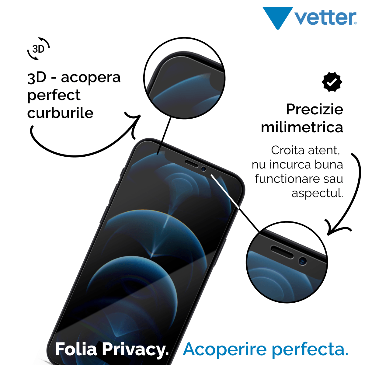 Folie iPhone 12 Pro, 12, 3D Privacy Series - vetter.ro
