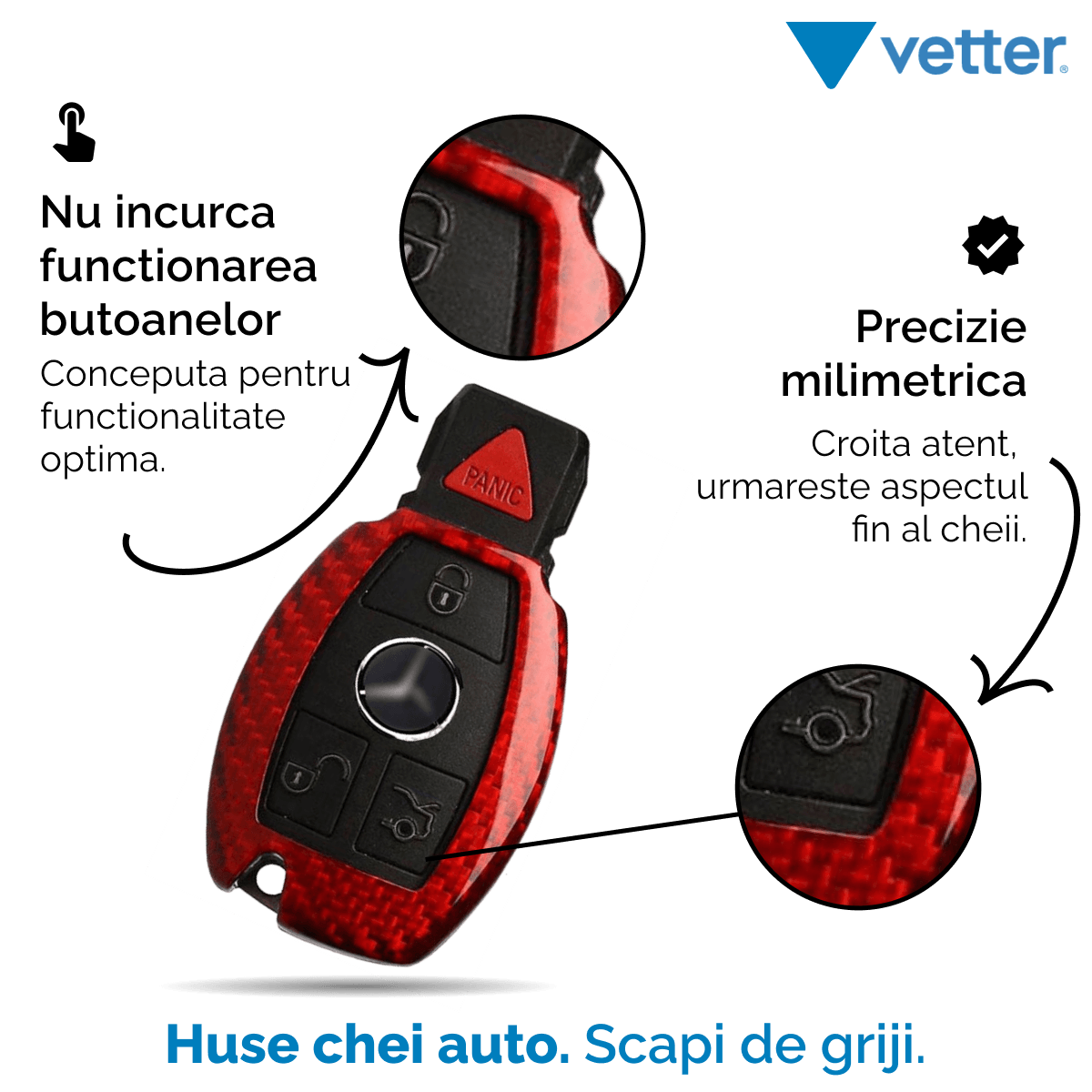 Husa Vetter pentru cheie Mercedes-Benz W203, W210, W211, made from Carbon, Glossy Rosu - vetter.ro